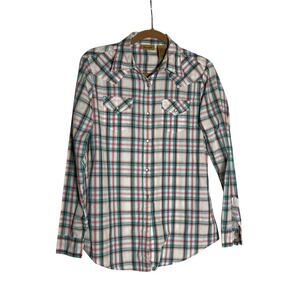Wrangler Pearl Snap Checkered Print Long Sleeve Button Down Shirt Size Medium